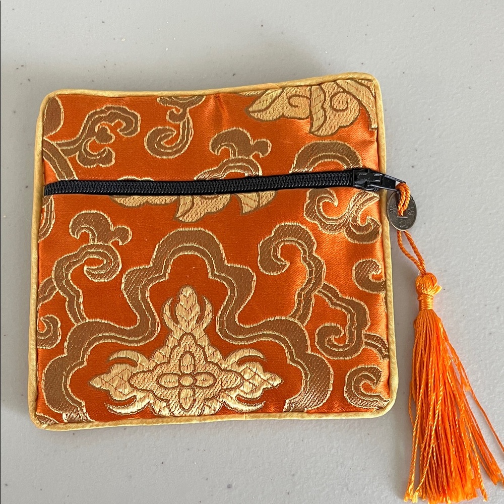 Satin Jewelry Pouch Orange Gold Brocade Zip Coin Purse Tassel
